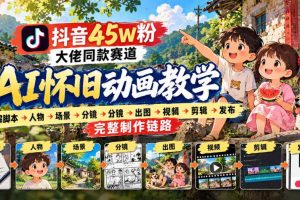 抖音45W粉大佬同款赛道AI怀旧动画实战课：拆解脚本→人物→场景→分镜→出图→视频→剪辑→发布完整制作链路