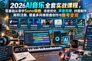 2026AI音乐实战课程，零基础从零学Suno编曲、混音优化、声音克隆、版权注册，覆盖多风格歌曲创作与账号变现（更新0921）